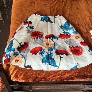Floral A-Line White Midi Skirt with Red & Blue Blooms